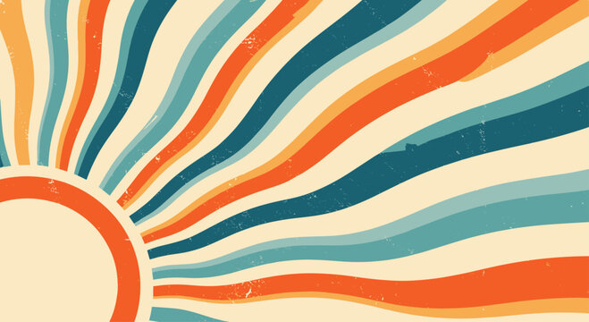 Retro background illustration featuring wavy sunburst rays in orange yellow and blue radiating from the bottom left corner with a vintage texture.