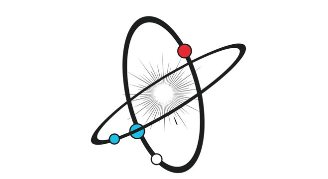 Scientific atom model featuring a glowing central sunburst core and orbiting electrons in red blue and white over a plain white background design.