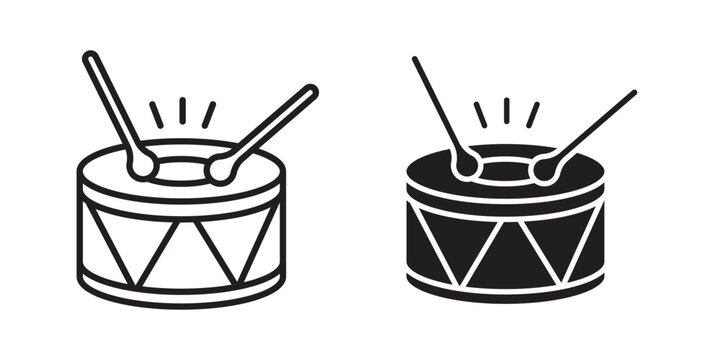 Drum icon set in black outline and fill. Editable icons