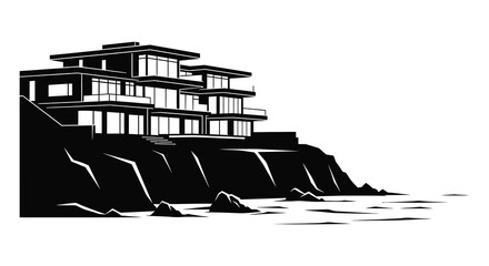 A striking black and white illustration depicts a modern house perched on a cliff overlooking the ocean silhouette high quality professional © GDSneha02