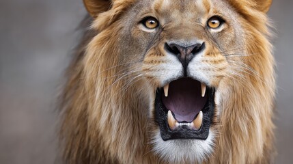 Naklejka premium Lion roars fiercely, eyes intense, teeth bared. Majestic mane frames powerful face. Perfect for wildlife documentaries or adventure themes