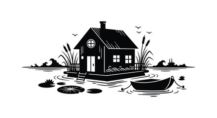 A quaint black house floats on water with reeds a small boat and distant birds a striking silhouette high quality professional © GDSneha02