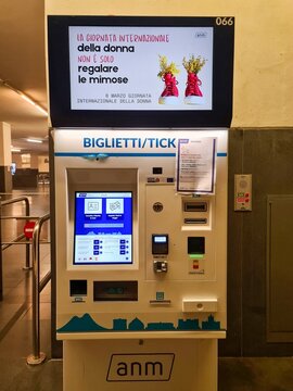 Naples, Italy - 5. March 2026: ANM ticket machine with International Women's Day message in Naples, Italy