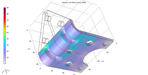 Metal bracket drawing. Computer technic 3d  modeling of steel mechanical part.  Mises stress cad analysis. Investigation of distribution on surface of machine detail. Color graph of solids.  © TKalinovskaya