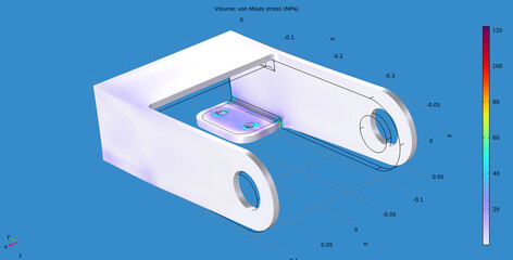 Metal bracket drawing. Computer technic 3d  modeling of steel mechanical part.  Mises stress cad analysis. Investigation of distribution on surface of machine detail. Color graph of solids.  © TKalinovskaya