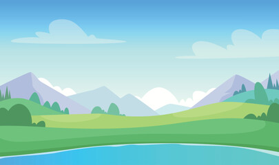 Naklejka premium Hills background. cartoon landscape with mountain and lake outdoor