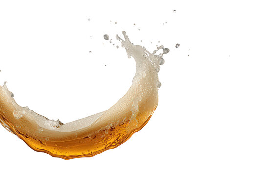 Craft beer splashing liquid, creating foam and dynamic droplets, refreshing golden beverage on transparent background
