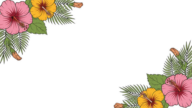 Hibiscus flower corner decorations with pink and yellow blossoms and green palm leaves on a white background.