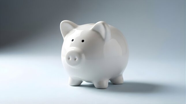 A white ceramic piggy bank sits on a light blue surface in a studio