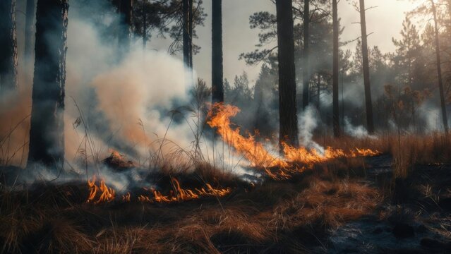 Controlled Forest Fire Burning Through Pine Woodland at Sunrise