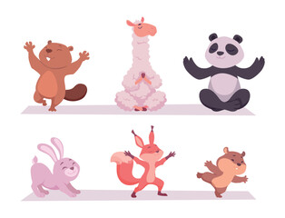 Fototapeta premium Yoga animals. Funny cute animals sitting in yoga asana exact vector outdoor workout exercises-01