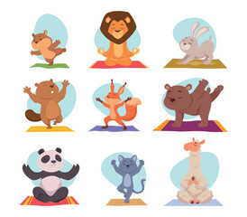 Fototapeta premium Yoga animals. Animals making outdoor workout exercises and sitting in yoga poses exact vector cartoon characters-01