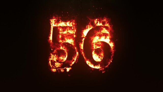 Burning Fire Number 56. Fire Digit Animation. Fiery Number