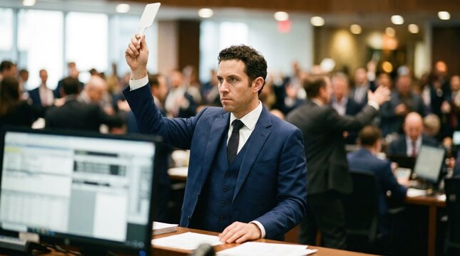Medium shot capturing a business professional placing a bid during a dynamic receivables auction while the rest of the trading floor remains out of focus.
