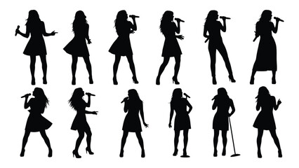 Fototapeta premium Set of silhouettes of women singing with microphones