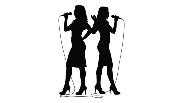 Two women singing into microphones