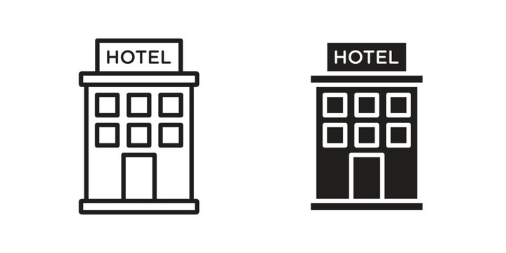 hotel icon set in black outline and fill. Editable icons