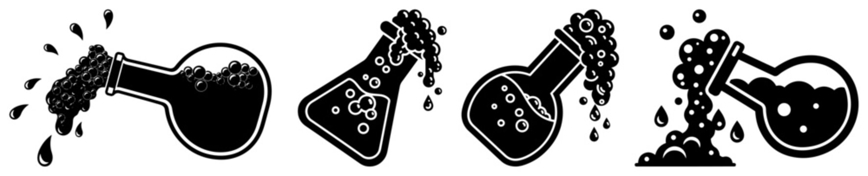 Laboratory glassware collection with bubbling liquid, chemistry flask and beaker silhouettes, science experiment set, chemical reaction icons for education and research design