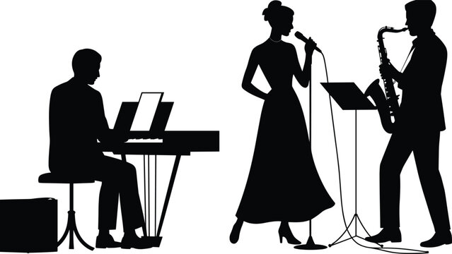 Musical trio silhouette illustration, singer with microphone, saxophonist with music stand, pianist at keyboard, live performance theme, vector art, black isolated bold design