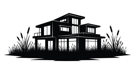 A modern geometric house stands amidst tall reeds and grasses presented as a striking black silhouette high quality professional detailed modern © GDSneha02
