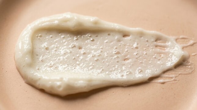 Batter Spreading on Frying Pan - Crepe Cooking Process Close-Up. Macro of a thick skincare cream swipe with air bubbles, studio lighting, tactile and creamy texture.