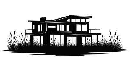 A modern architectural house with a flat roof and large windows is depicted in black a striking silhouette high quality professional © GDSneha02