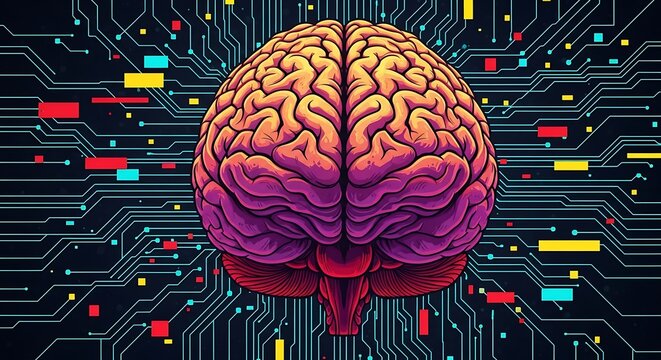 Vibrant Brain Illustration on Circuit Board Background