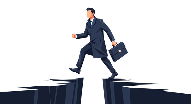 Strategic corporate executive bridging the gap and overcoming market obstacles to achieve business growth in a modern vector style