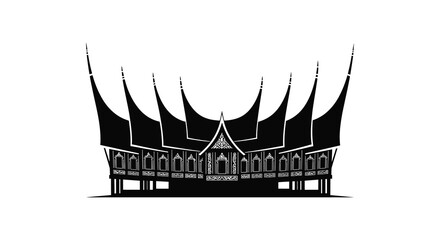A striking black silhouette of a traditional minangkabau house with ornate roof details showcasing cultural architecture silhouette high quality professional detailed © GDSneha02