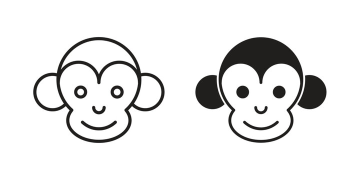 Monkey icon set in black outline and fill. Editable icons