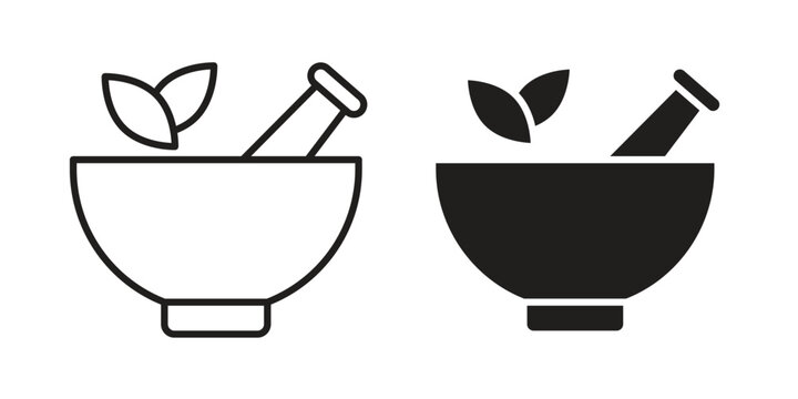 Mortar pestle icon set in black outline and fill. Editable icons