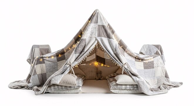 Cozy blanket fort with pillows and string lights isolated on white background