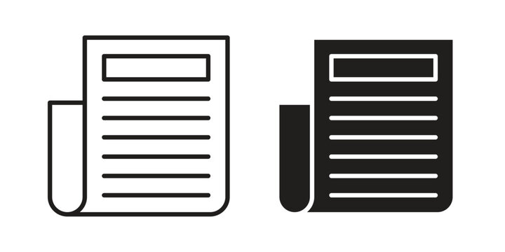 Newspaper icon set in black outline and fill. Editable icons