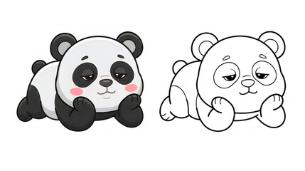 Obraz premium Adorable cartoon panda bears in playful storybook style, one colored and one outlined in line art, lying down and looking cute, isolated on transparent background.