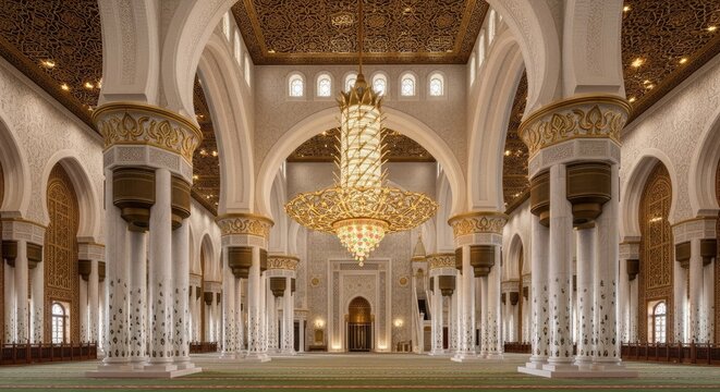 Grand interior architecture with arches columns and ornate chandelier