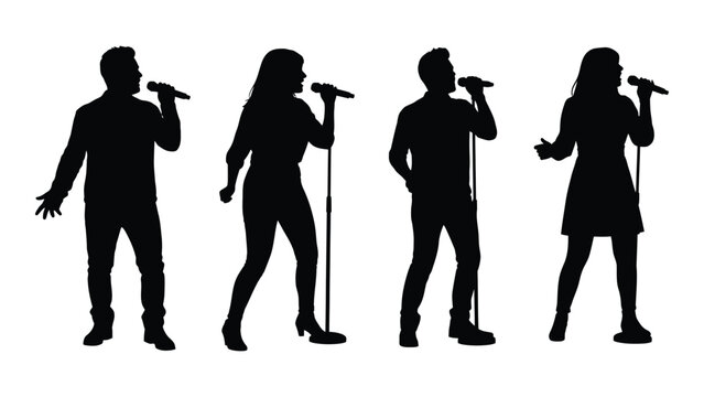 Four people singing into microphones