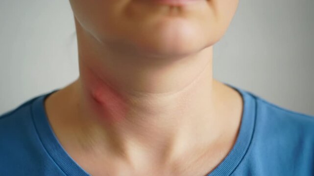 Enlarged lymph nodes, visible swelling on a human neck, signifying inflammation or infection, an important diagnostic symptom, potential health condition