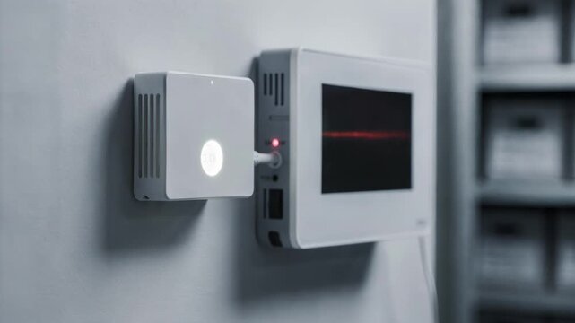 Closeup on passive climate control sensors with a digital thermostat sharply focused highlighting sustainable temperature regulation in archival storage.