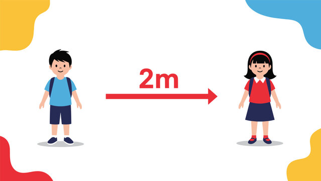 Visual guide showing a boy and a girl practicing social distancing with a two meter gap indicated by a red arrow and text.