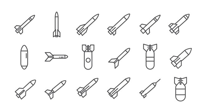 Various missile and bomb designs presented as a dark silhouette