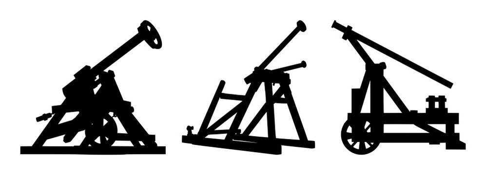 Trebuchet set with solid black silhouette on white background featuring historical warfare, medieval engineering, siege weapons with flat 2D vector and illustration