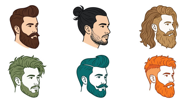Illustrative collection of six different men s hairstyles and facial hair