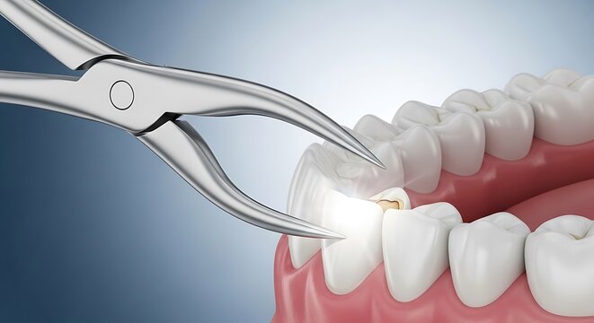 Close-up of dental extraction forceps removing a tooth, symbolizing surgery, oral health care, and medical procedures with a clean, sterile background