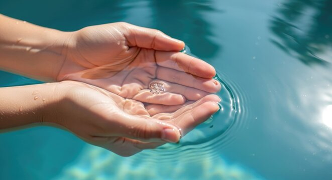 Hands cupping clear water against a blurred blue background copy space