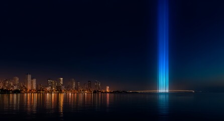 Fototapeta premium City skyline is reflected in the water, with a large blue light show in the sky