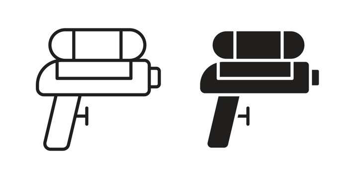 Squirt gun icon set in black outline and fill. Editable icons