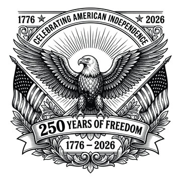 250 Years of Freedom American Independence Eagle Vintage Monochrome Crest 1776&ndash;2026