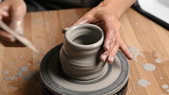 Potter shaping clay on pottery wheel.