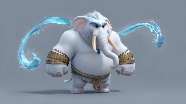 Powerful White Fantasy Elephant Warrior Holding Glowing Blue Ice Swords