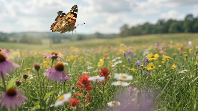 Wildflower meadow butterfly hovering over coneflower vibrant summer field with purple coneflower